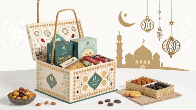 Eid gift hamper with islamic pattern sweets dates and mosque silhouette background for ramadan celebration