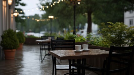 Fototapeta premium Urban Cafe Patio in Downpour with Overturned Chair and Soaked Tables Surrounded by Rain