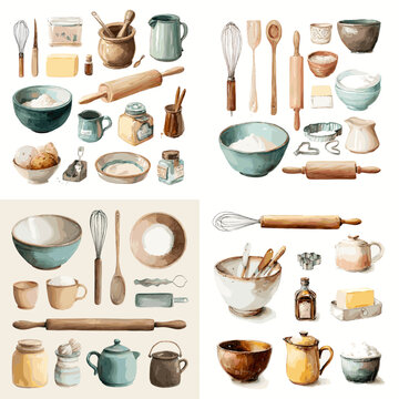 Kitchen utensil and cookware illustration with bowls cups jars spoons rolling pins and baking tools in soft watercolor style isolated on white background.