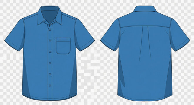 Blue short sleeved button down shirt with collar and pocket