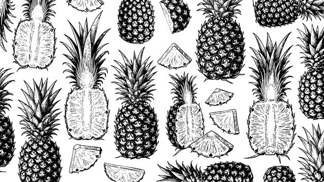 Wooden Engraving Pineapple on Transparent Background