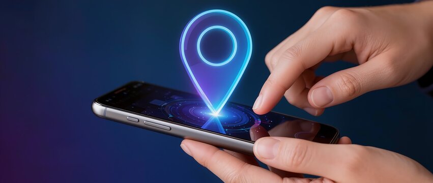 スマートフォン上に浮かぶホログラムの位置情報アイコンとビジネスハンド