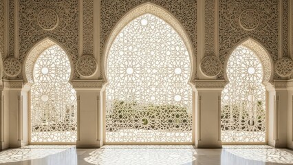 Fototapeta premium Intricate islamic architecture with symmetrical arches and lattice windows