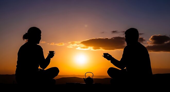 Silhouette of two individuals sharing a tranquil tea moment on a mountaintop at sunset, with a breathtaking golden sky and scenic horizon