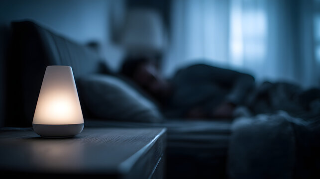 Glowing night lamp on bedside table creates calming ambiance in dimly lit bedroom, with person sleeping peacefully in background