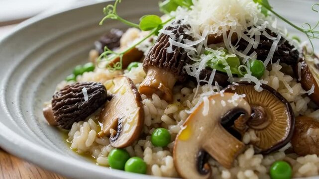 Elegant gourmet risotto with mushrooms and peas by sunlit window