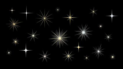 Collection of sparkling starbursts and glittery light effects on a black background