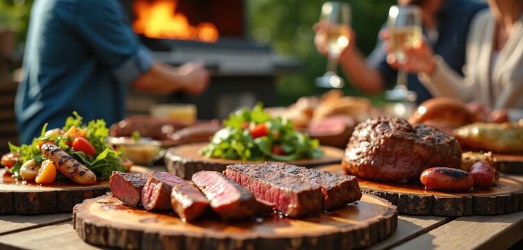 Friends gather for outdoor bbq feast with grilled steaks juicy sausages fresh salad wine. People enjoy savory meat dishes outdoors on sunny day. Great food celebration.