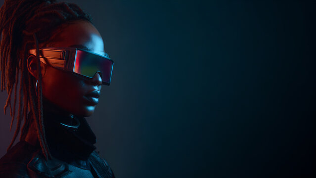 futuristic cyberpunk fashion portrait, vintage inspired techwear portrait with dreadlocks, cinematic futuristic fashion character