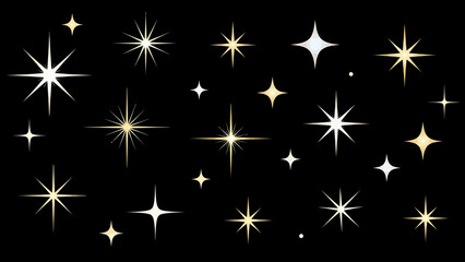 Diverse vector set of sparkling stars and light effects. Features brilliant twinkles, radiant glows, and festive glitter elements for creative design projects