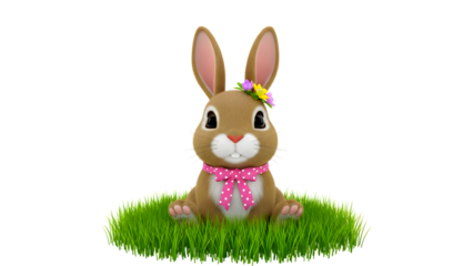 Adorable 3D cartoon rabbit character with flowers and bow tie in grass
