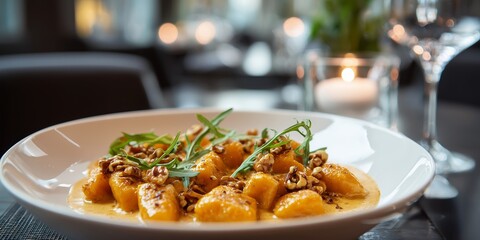 Sweet potato gnocchi covered in creamy sauce and topped with toasted walnuts fills the plate in a warm restaurant scene. The golden lighting brings out the richness of the textures.