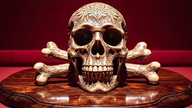 Ten Decorated Skulls with Bones on Wooden Bases in Red Velvet Backgrounds