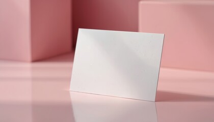 Naklejka premium White business card rests on clean pink surface with soft shadows. Ready for custom text or logo placement. Minimalist background for branding identity.