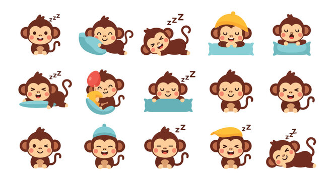 Cute Monkey Sleeping in Different Poses Set
