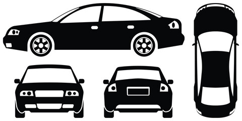 Car Silhouette Icon Set with Front, Side Rear and top Views &ndash; Black Vehicle Vector Illustration Isolated on White. Automotive Vector Symbols