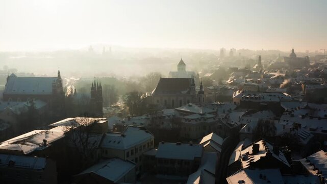 Vilnius, Lithuania &mdash; January, 29, 2026. Drone aerial view of Vilnius downtown early in the morning.