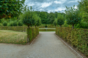 Fototapeta premium Wunderschöne Parkanlage mit Seerosen Teich und Wegen zum spazieren Gehen 
