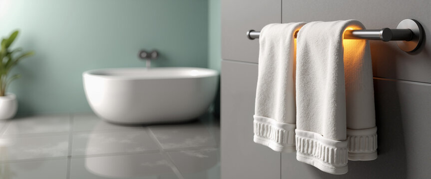 Heated towel rail with neatly hung towels in modern bathroom setting  