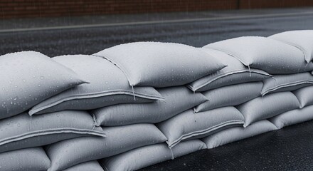 Fototapeta premium Stacked sandbags providing robust flood protection during heavy rainfall, a critical emergency defense concept against natural disaster and water damage