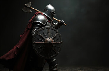 Naklejka premium Knight in metal armor holds axe on shoulder, carries round shield. Warrior in profile, red cape, ready for battle. Dark background, dramatic lighting on armed soldier.