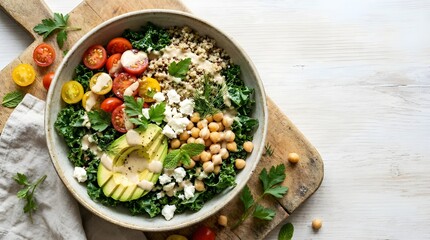 Healthy salad bowl with quinoa, kale, avocado, and chickpeas