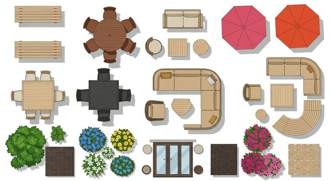 Outdoor Furniture and Garden Design Elements for Architectural Plan