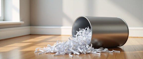 Shredded paper spilling from metal bin onto hardwood floor indoors  