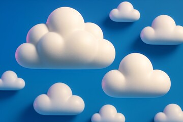 Fototapeta premium White soft cartoon-style clouds floating on vibrant blue background with soft lighting and dreamy atmosphere concept for imagination and tech. Ai generative