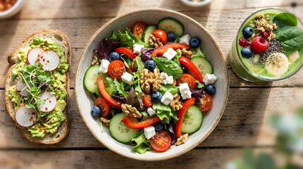 Healthy salad bowl with vegetables and smoothie on wooden table