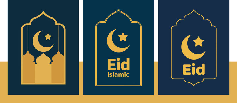 Eid Mubarak Islamic Arch Window Vector Set &ndash; Minimal Crescent Moon Mosque Designs in Blue and Gold Flyer Design