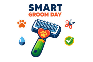 Smart groom day: pet grooming essentials with brush, paw prints, and scissors