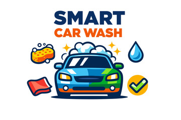 Colorful smart car wash illustration with sponge and bubbles