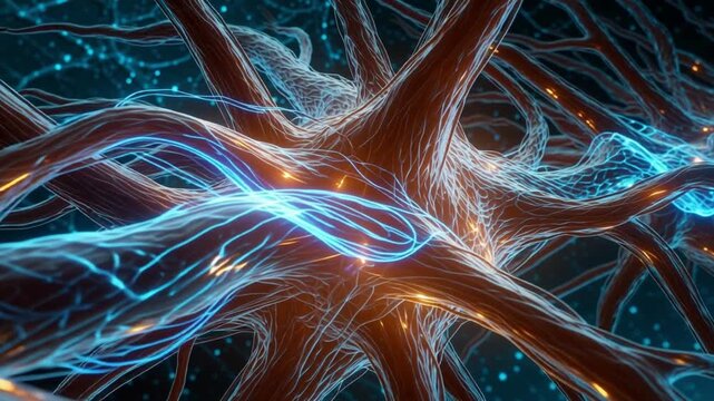 A detailed 3D rendering depicts an active neuron sending a vibrant blue electrical signal through its complex network.