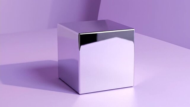 A reflective metallic cube on a white surface, with a corner of a purple wall