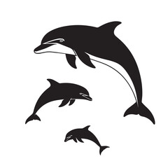 Fototapeta premium Dolphin Silhouette Vector Set Black and WhiteDolphin Animal Silhouette Minimal Vector IllustrationDolphin Black White Ocean Silhouette Collection