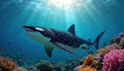 Obraz premium Large whale swims near colorful coral reef. Sun rays penetrate blue ocean water. Small fish swim around marine creature. Underwater nature scene.