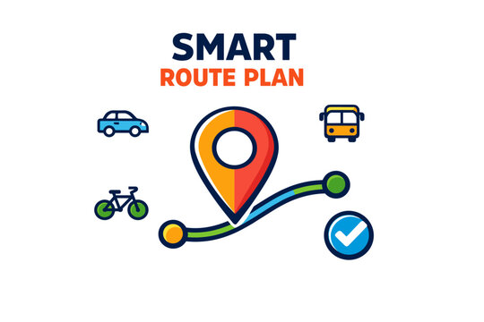 Smart route plan with map pin and transportation icons for efficient travel