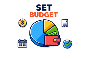 Colorful budget planning illustration with wallet and pie chart