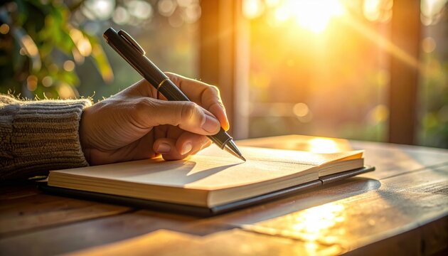Hand writing in notebook with golden sun flare warming the scene suggesting creativity and reflection in a cozy environment
