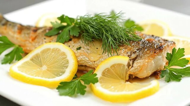 Close-up of baked fish, garnished with lemon slices, fresh parsley, and dill, on a white plate