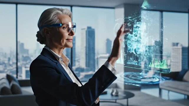 Businesswoman uses futuristic holographic interface with charts and building model