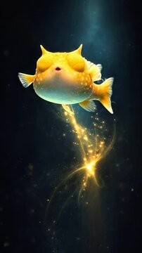 soft glowing cowfish with slow breathing light animation, golden yellow tones on black background, calming surreal live wallpaper for amoled screens