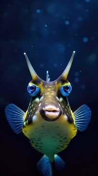 funny cowfish face blinking slowly, subtle mouth movement, dark background with soft blue glow, smooth amoled friendly live wallpaper
