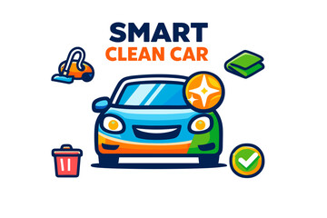 Illustration of car cleaning with vacuum, trash bin, rag, and checkmark