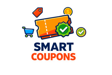 Smart coupons icon with shopping cart and discount tag illustrations