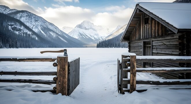 Rustic log cabin and open gate in a snowy mountain landscape
