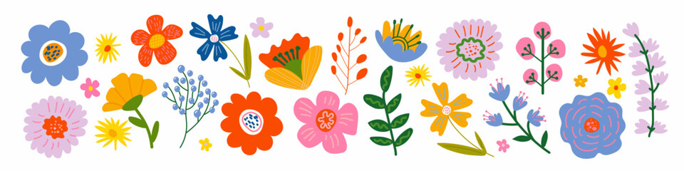 Romantic floral element set with flowers, branches and leaves isolated on white background. Elegant vector collection for wedding invitations, greeting cards, packaging and decorative design. © Loya.art