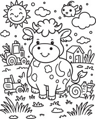 Cute cartoon cow on farm with tractor and sun coloring page for kids