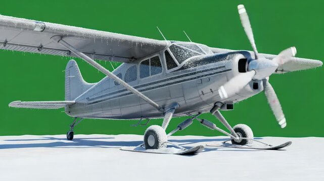 Winter Aircraft with Ski Landing Gear and Spinning Propeller on Green Screen